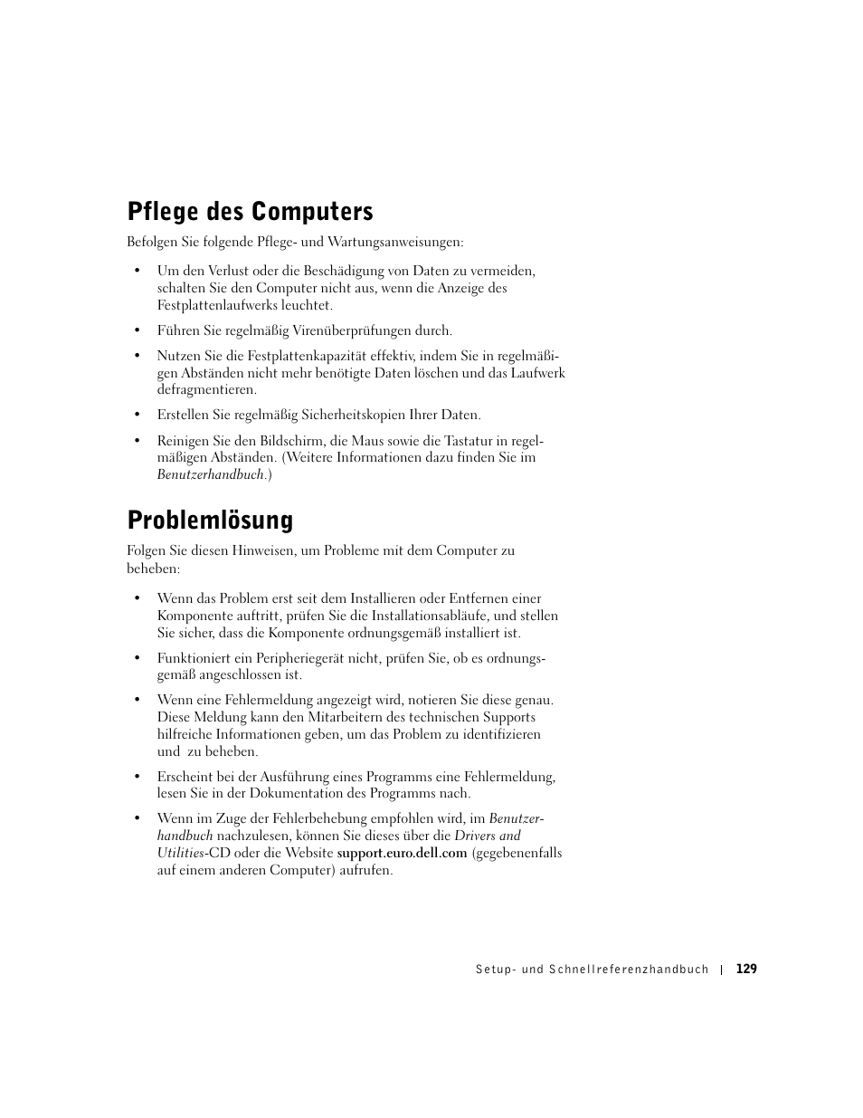 Pflege des computers, Problemlösung | Dell Precision 650 User Manual | Page 129 / 260