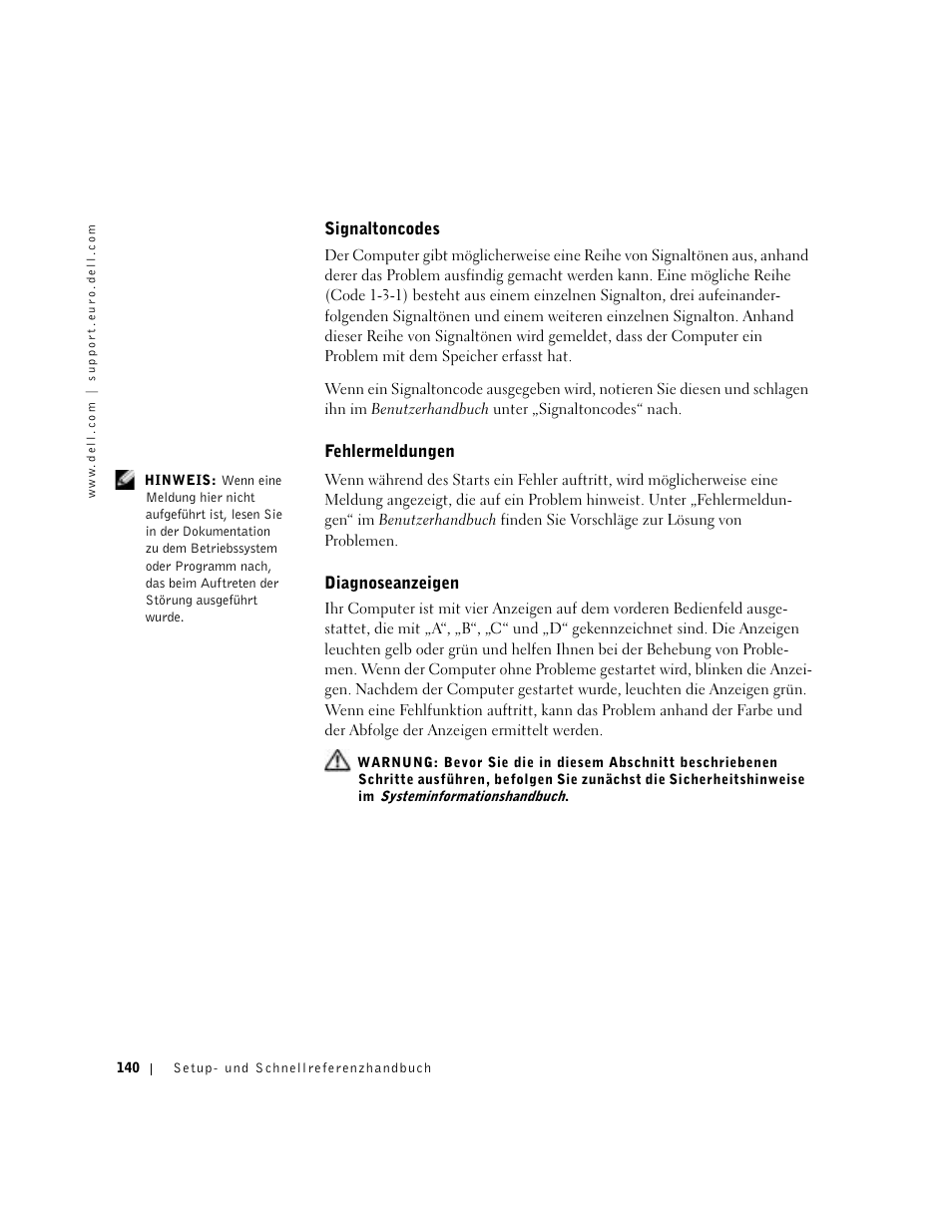 Signaltoncodes, Fehlermeldungen, Diagnoseanzeigen | Dell Precision 650 User Manual | Page 140 / 260