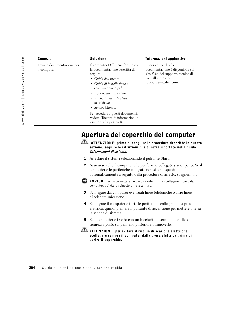 Apertura del coperchio del computer | Dell Precision 650 User Manual | Page 204 / 260