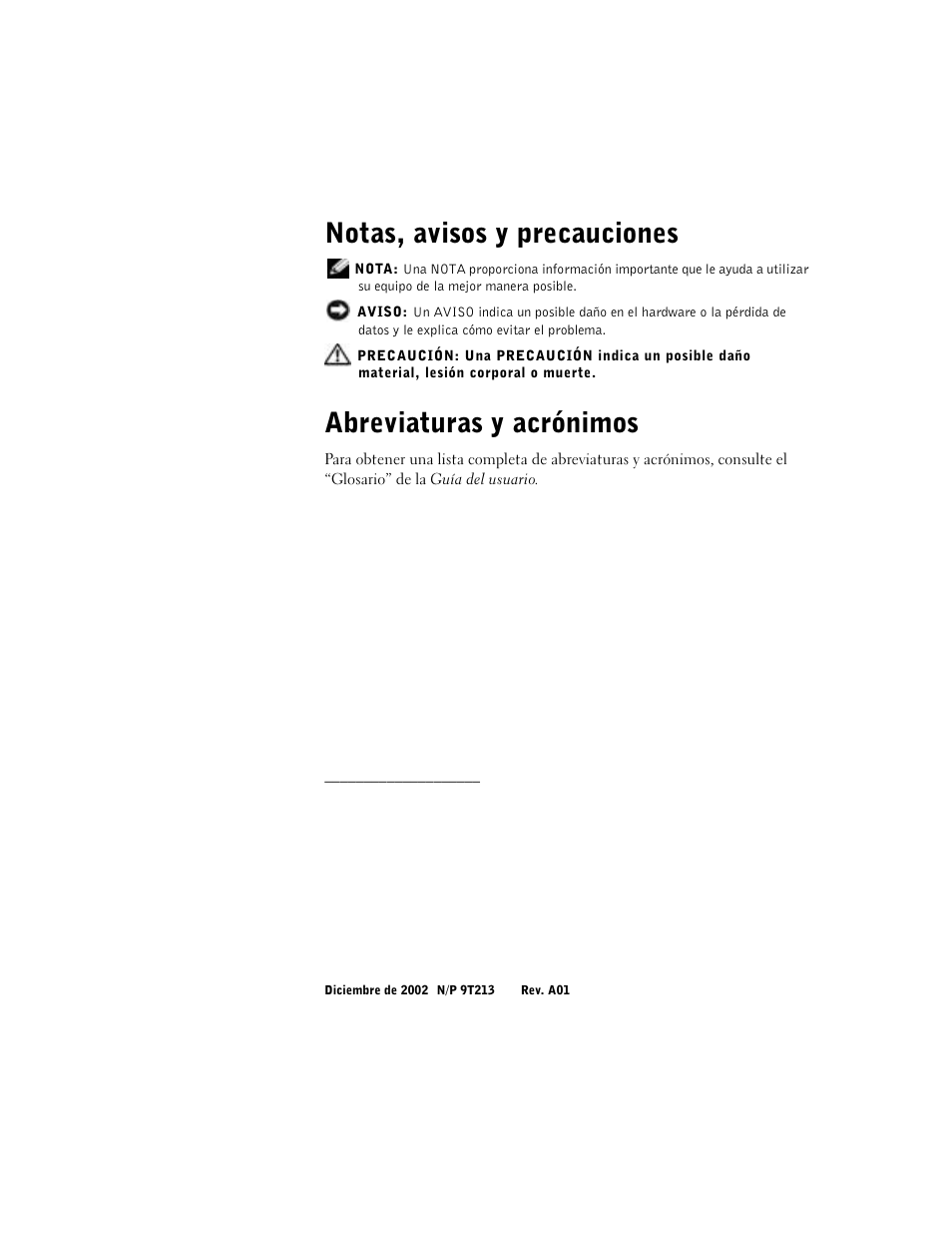 Notas, avisos y precauciones, Abreviaturas y acrónimos | Dell Precision 650 User Manual | Page 210 / 260