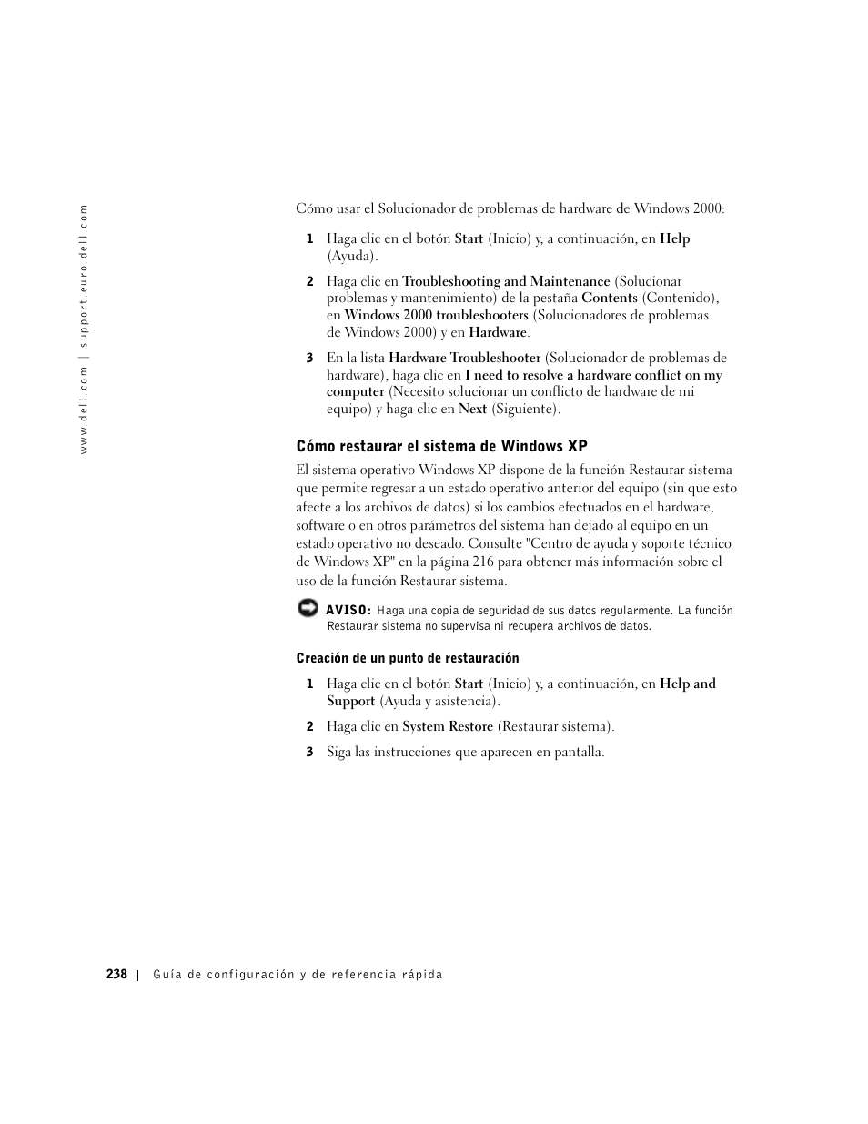 Cómo restaurar el sistema de windows xp | Dell Precision 650 User Manual | Page 238 / 260