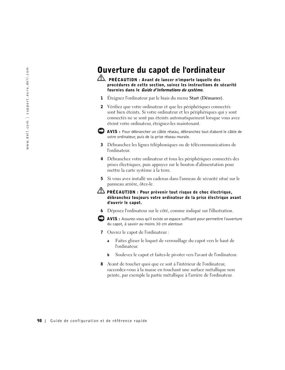 Ouverture du capot de l'ordinateur | Dell Precision 650 User Manual | Page 98 / 260