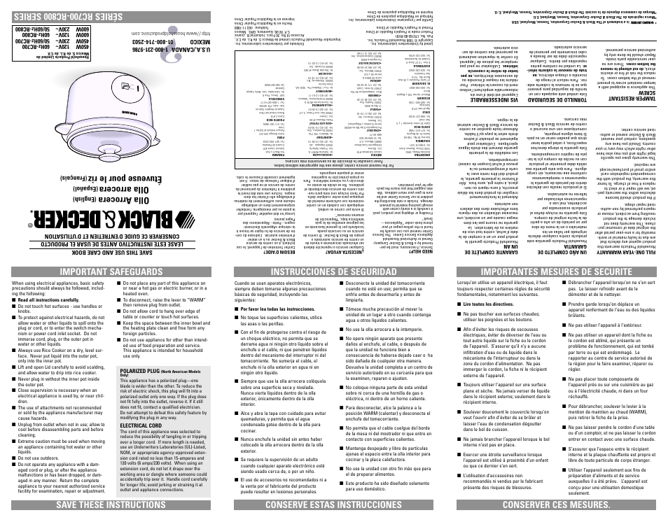 Safegaurds, Save these instructions, Olla arrocera | Étuveuse pour le riz | Black & Decker RC800 User Manual | Page 2 / 7