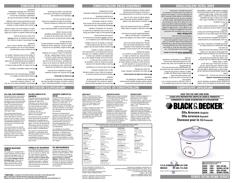 Warranty, Garantia, Garantie | Save these instructions, Olla arrocera, Étuveuse pour le riz | Black & Decker RC800 User Manual | Page 5 / 7