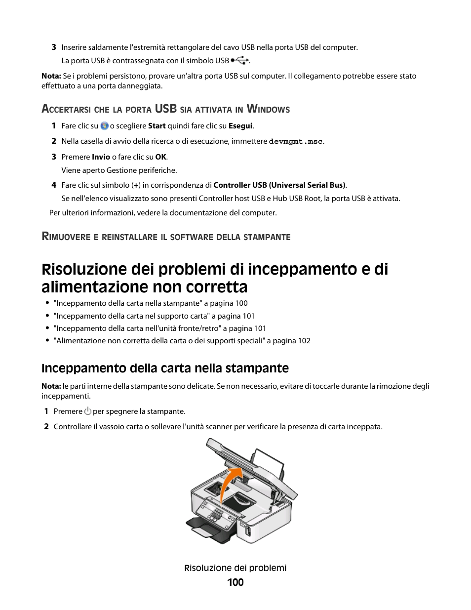 Inceppamento della carta nella stampante | Dell V313w All In One Wireless Inkjet Printer User Manual | Page 100 / 140
