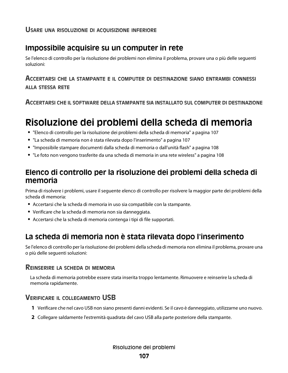 Impossibile acquisire su un computer in rete, Risoluzione dei problemi della scheda di memoria | Dell V313w All In One Wireless Inkjet Printer User Manual | Page 107 / 140