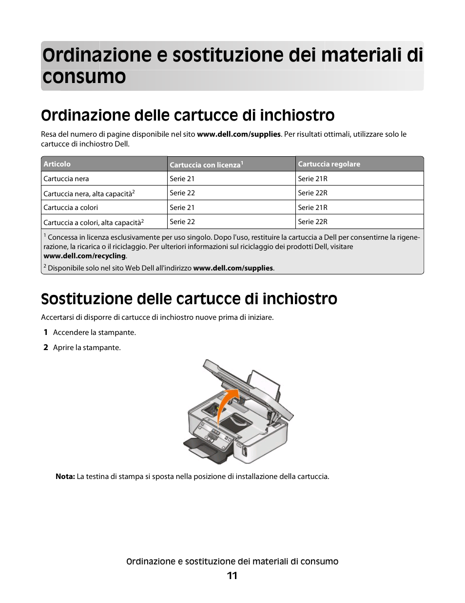 Ordinazione delle cartucce di inchiostro, Sostituzione delle cartucce di inchiostro | Dell V313w All In One Wireless Inkjet Printer User Manual | Page 11 / 140