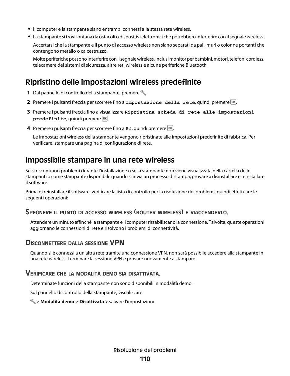 Ripristino delle impostazioni wireless predefinite, Impossibile stampare in una rete wireless | Dell V313w All In One Wireless Inkjet Printer User Manual | Page 110 / 140