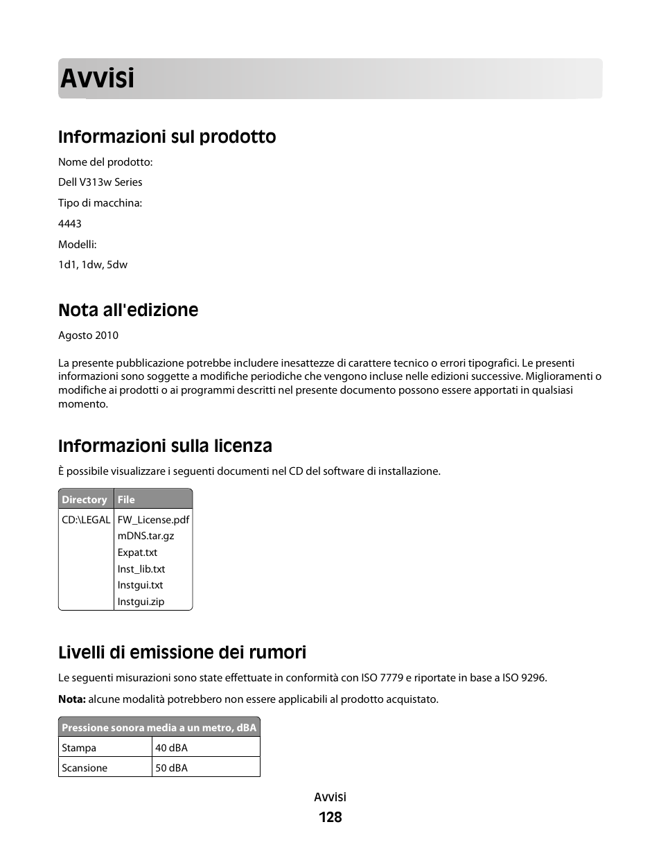 Avvisi, Informazioni sul prodotto, Nota all'edizione | Informazioni sulla licenza, Livelli di emissione dei rumori | Dell V313w All In One Wireless Inkjet Printer User Manual | Page 128 / 140