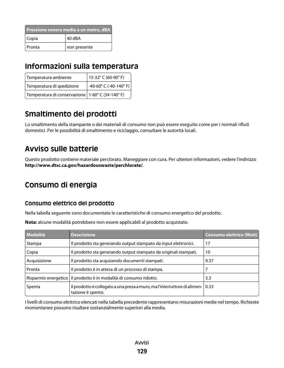 Informazioni sulla temperatura, Smaltimento dei prodotti, Avviso sulle batterie | Consumo di energia, Consumo elettrico del prodotto | Dell V313w All In One Wireless Inkjet Printer User Manual | Page 129 / 140