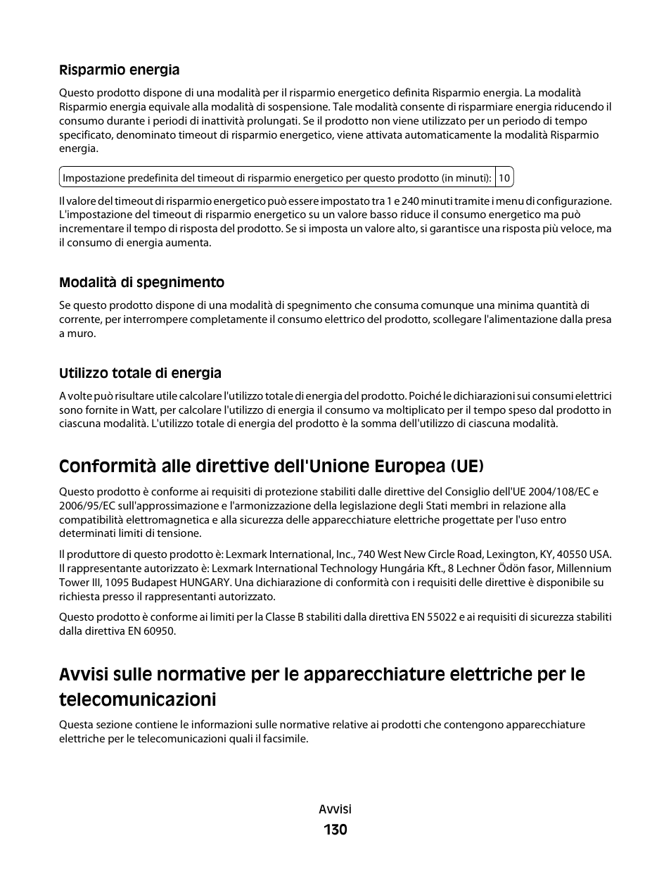 Risparmio energia, Modalità di spegnimento, Utilizzo totale di energia | Conformità alle direttive dell'unione europea (ue) | Dell V313w All In One Wireless Inkjet Printer User Manual | Page 130 / 140
