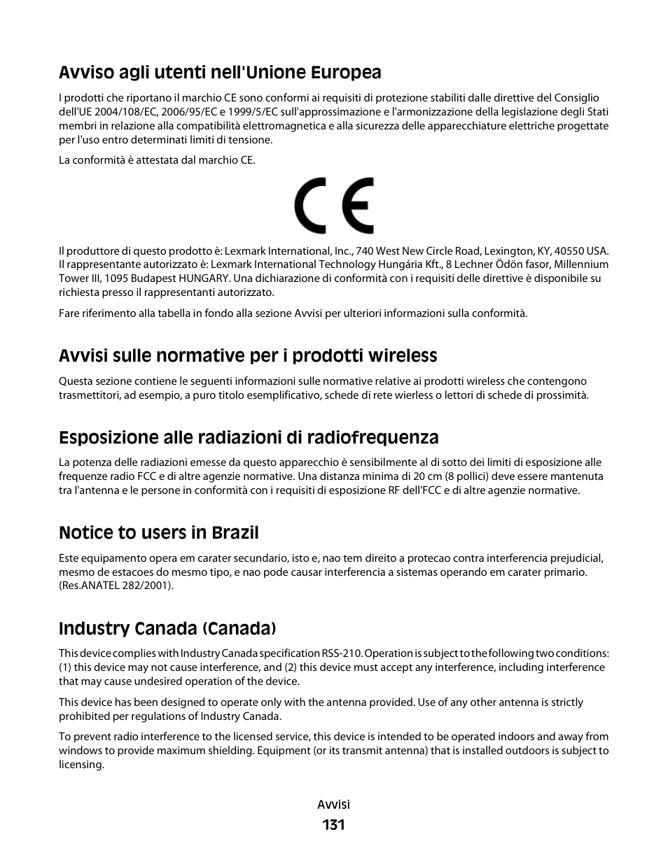Avviso agli utenti nell'unione europea, Avvisi sulle normative per i prodotti wireless, Esposizione alle radiazioni di radiofrequenza | Notice to users in brazil, Industry canada (canada) | Dell V313w All In One Wireless Inkjet Printer User Manual | Page 131 / 140