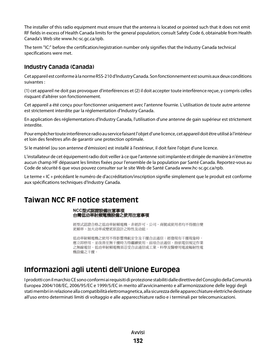 Taiwan ncc rf notice statement, Informazioni agli utenti dell'unione europea | Dell V313w All In One Wireless Inkjet Printer User Manual | Page 132 / 140