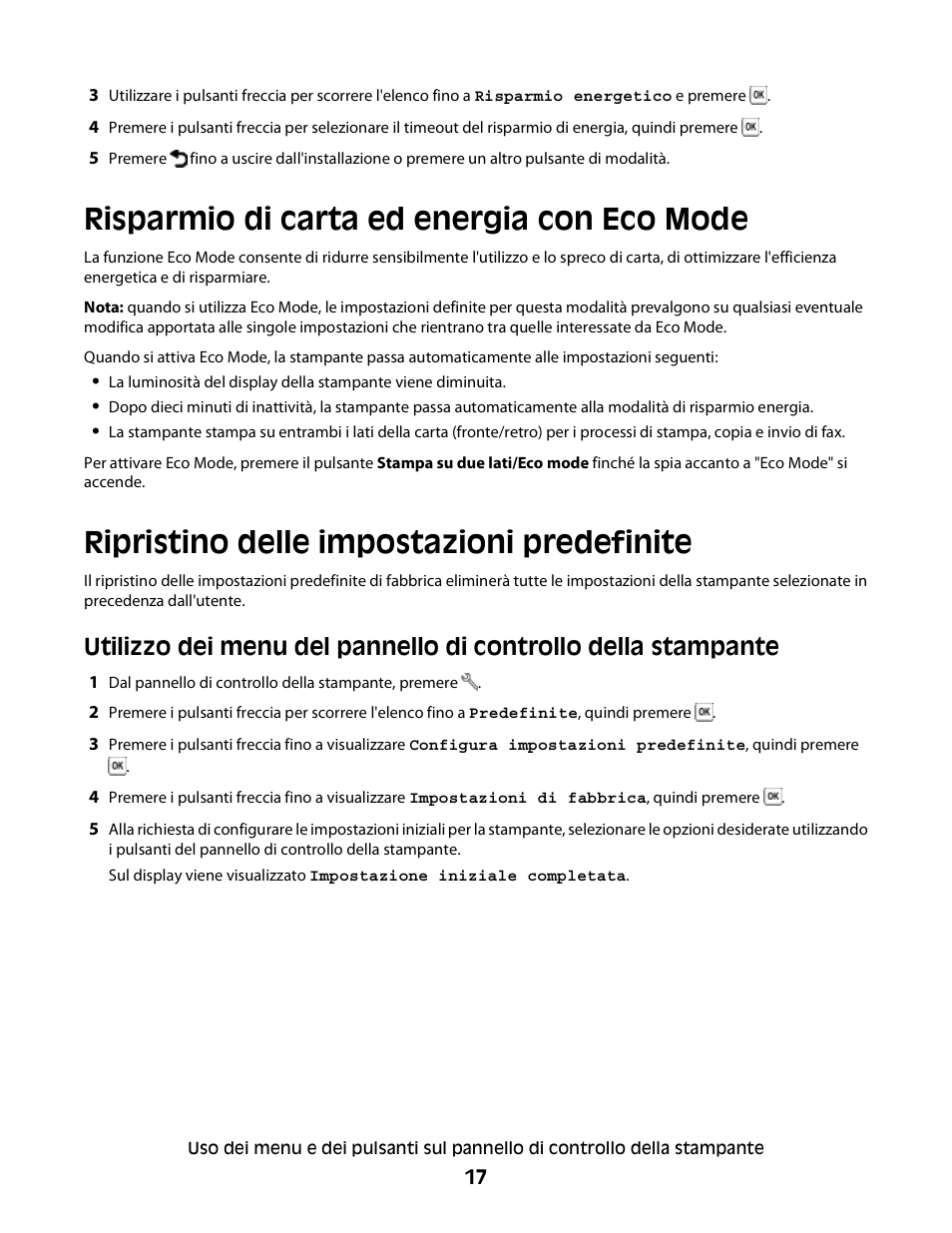 Risparmio di carta ed energia con eco mode, Ripristino delle impostazioni predefinite | Dell V313w All In One Wireless Inkjet Printer User Manual | Page 17 / 140