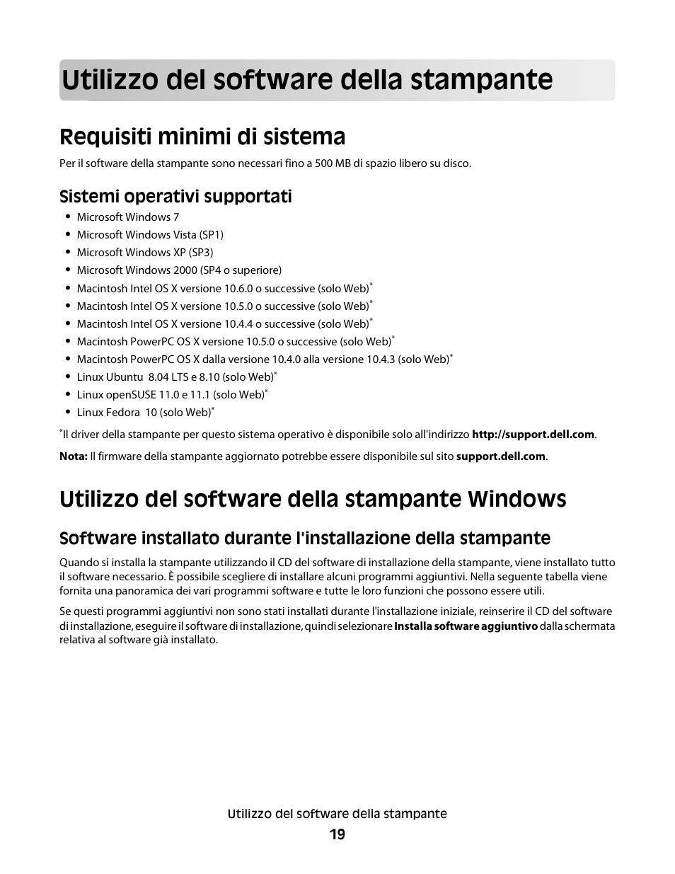 Utilizzo del software della stampante, Requisiti minimi di sistema, Utilizzo del software della stampante windows | Sistemi operativi supportati | Dell V313w All In One Wireless Inkjet Printer User Manual | Page 19 / 140