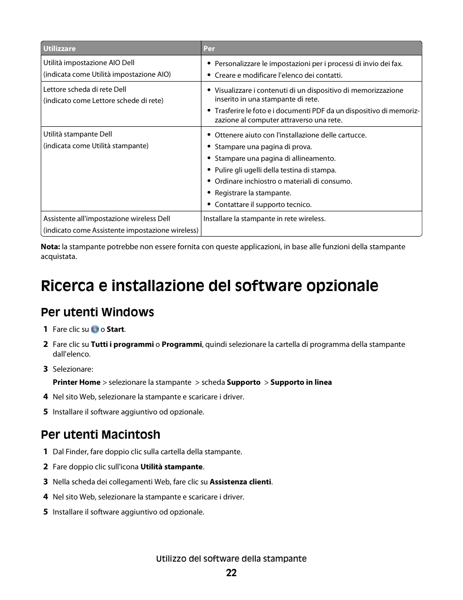 Ricerca e installazione del software opzionale, Per utenti windows, Per utenti macintosh | Dell V313w All In One Wireless Inkjet Printer User Manual | Page 22 / 140