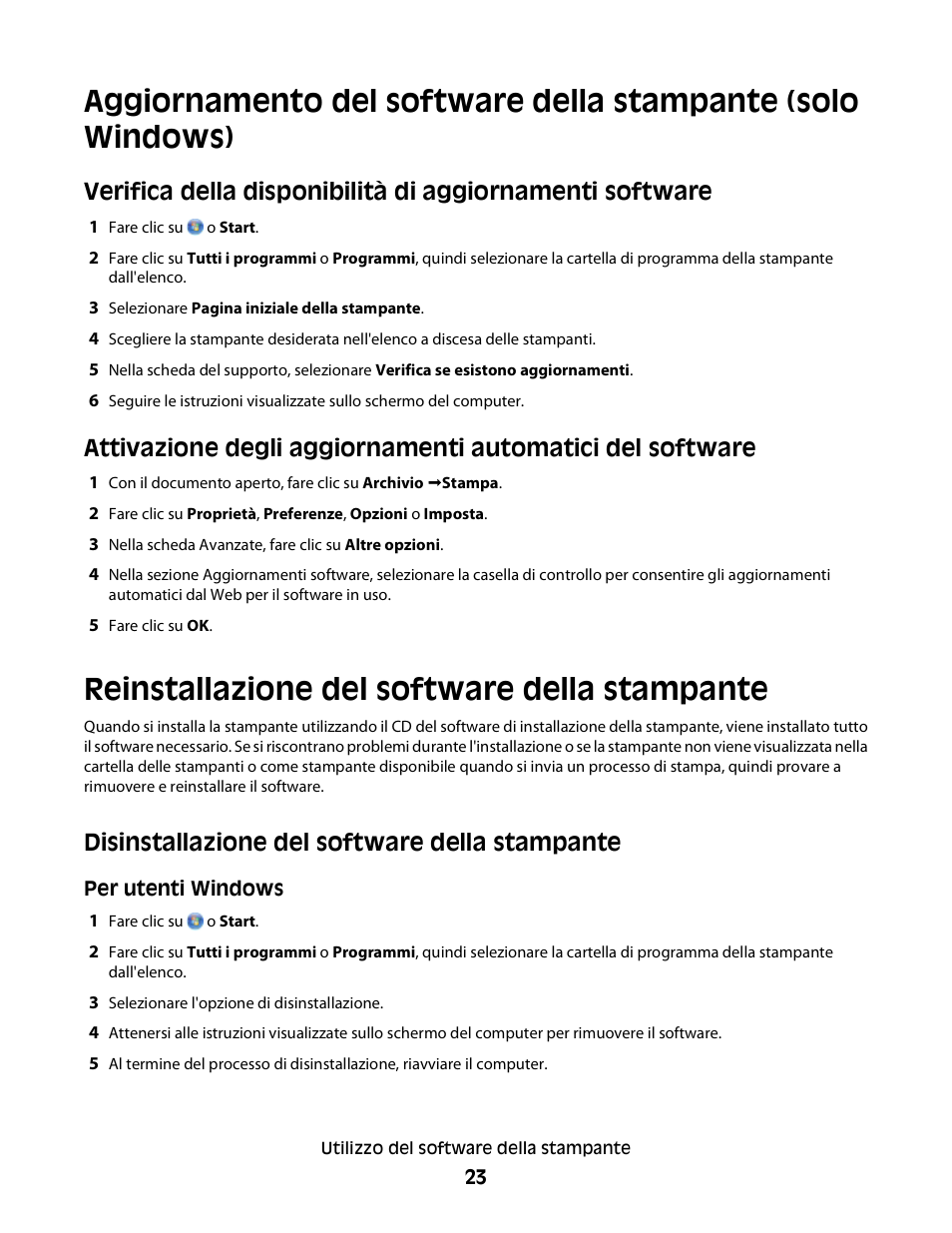 Reinstallazione del software della stampante, Disinstallazione del software della stampante | Dell V313w All In One Wireless Inkjet Printer User Manual | Page 23 / 140