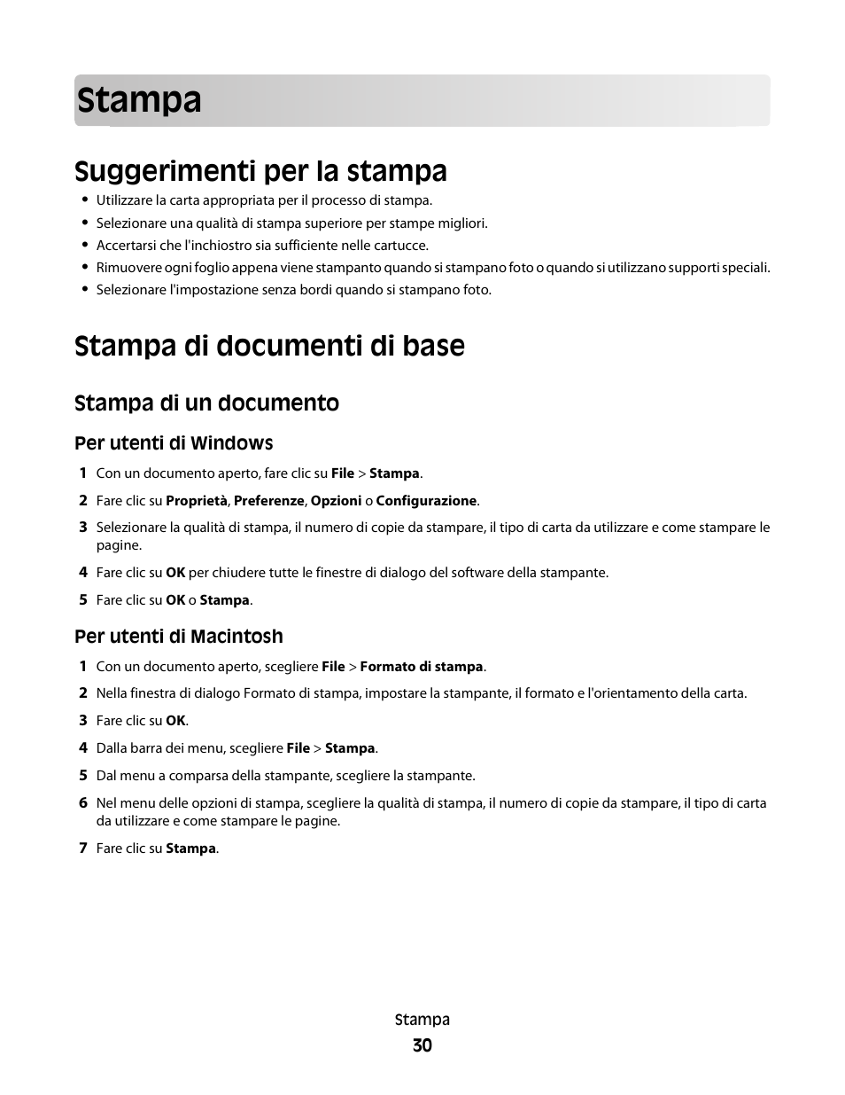 Stampa, Suggerimenti per la stampa, Stampa di documenti di base | Stampa di un documento | Dell V313w All In One Wireless Inkjet Printer User Manual | Page 30 / 140