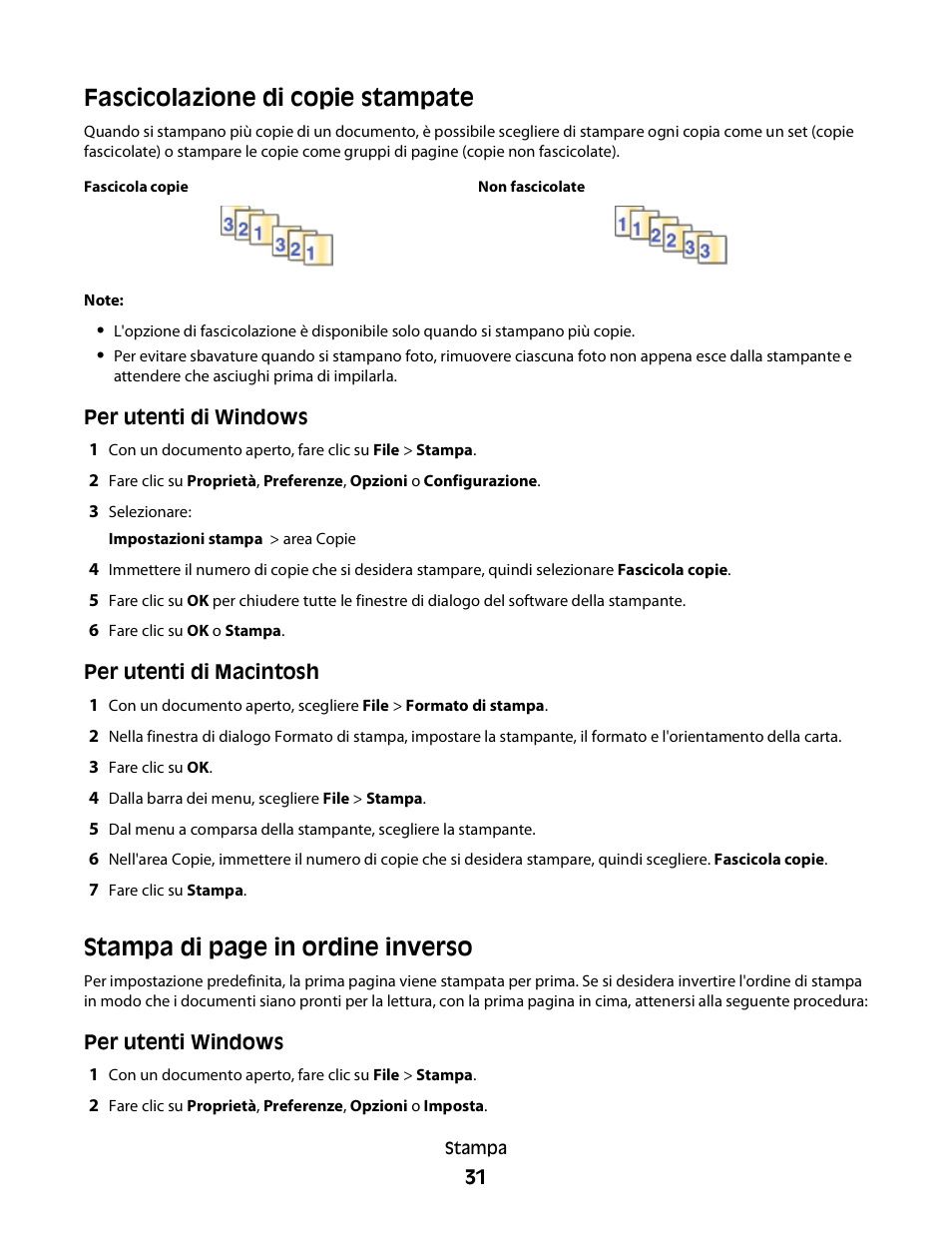 Fascicolazione di copie stampate, Stampa di page in ordine inverso | Dell V313w All In One Wireless Inkjet Printer User Manual | Page 31 / 140