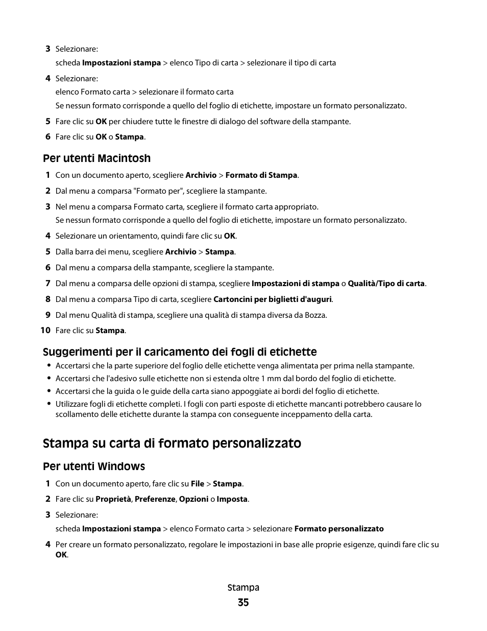 Stampa su carta di formato personalizzato | Dell V313w All In One Wireless Inkjet Printer User Manual | Page 35 / 140