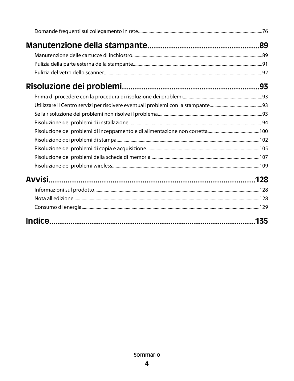 Manutenzione della stampante, Risoluzione dei problemi, Avvisi | Indice | Dell V313w All In One Wireless Inkjet Printer User Manual | Page 4 / 140