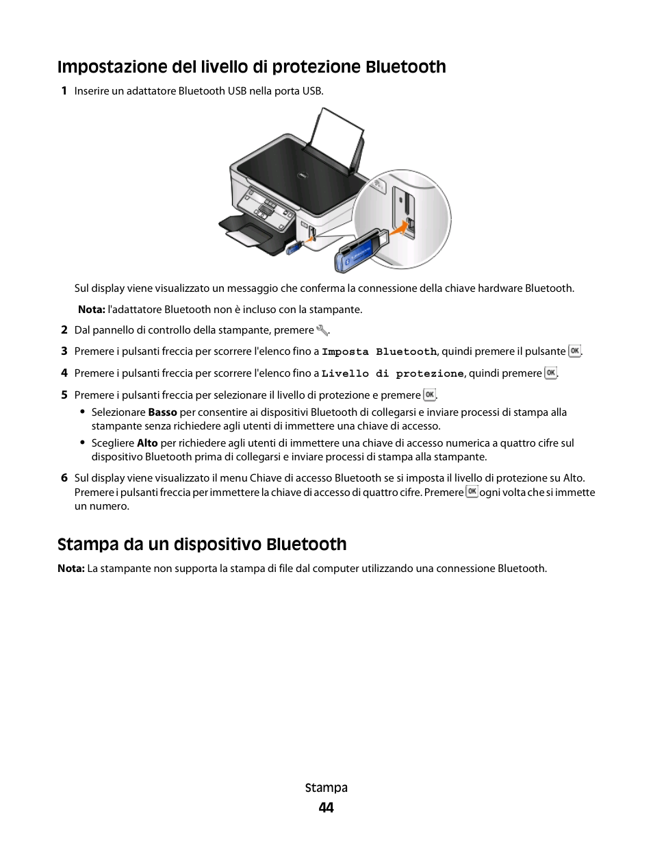 Impostazione del livello di protezione bluetooth, Stampa da un dispositivo bluetooth | Dell V313w All In One Wireless Inkjet Printer User Manual | Page 44 / 140
