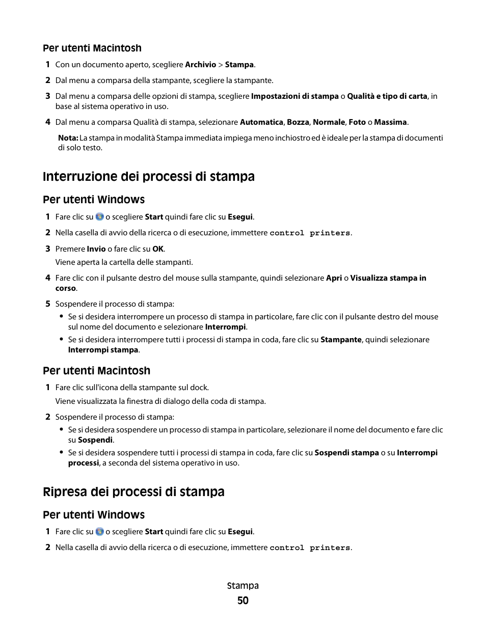 Interruzione dei processi di stampa, Ripresa dei processi di stampa | Dell V313w All In One Wireless Inkjet Printer User Manual | Page 50 / 140