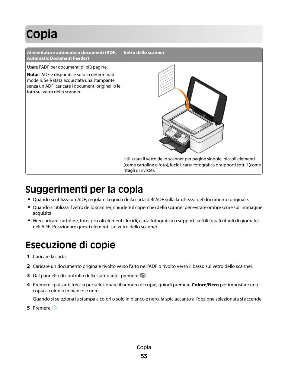 Copia, Suggerimenti per la copia, Esecuzione di copie | Dell V313w All In One Wireless Inkjet Printer User Manual | Page 53 / 140