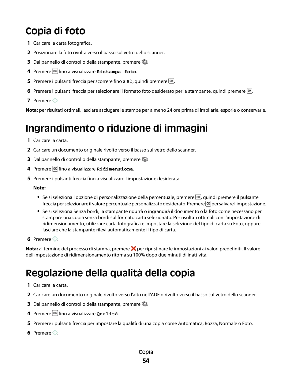 Copia di foto, Ingrandimento o riduzione di immagini, Regolazione della qualità della copia | Dell V313w All In One Wireless Inkjet Printer User Manual | Page 54 / 140