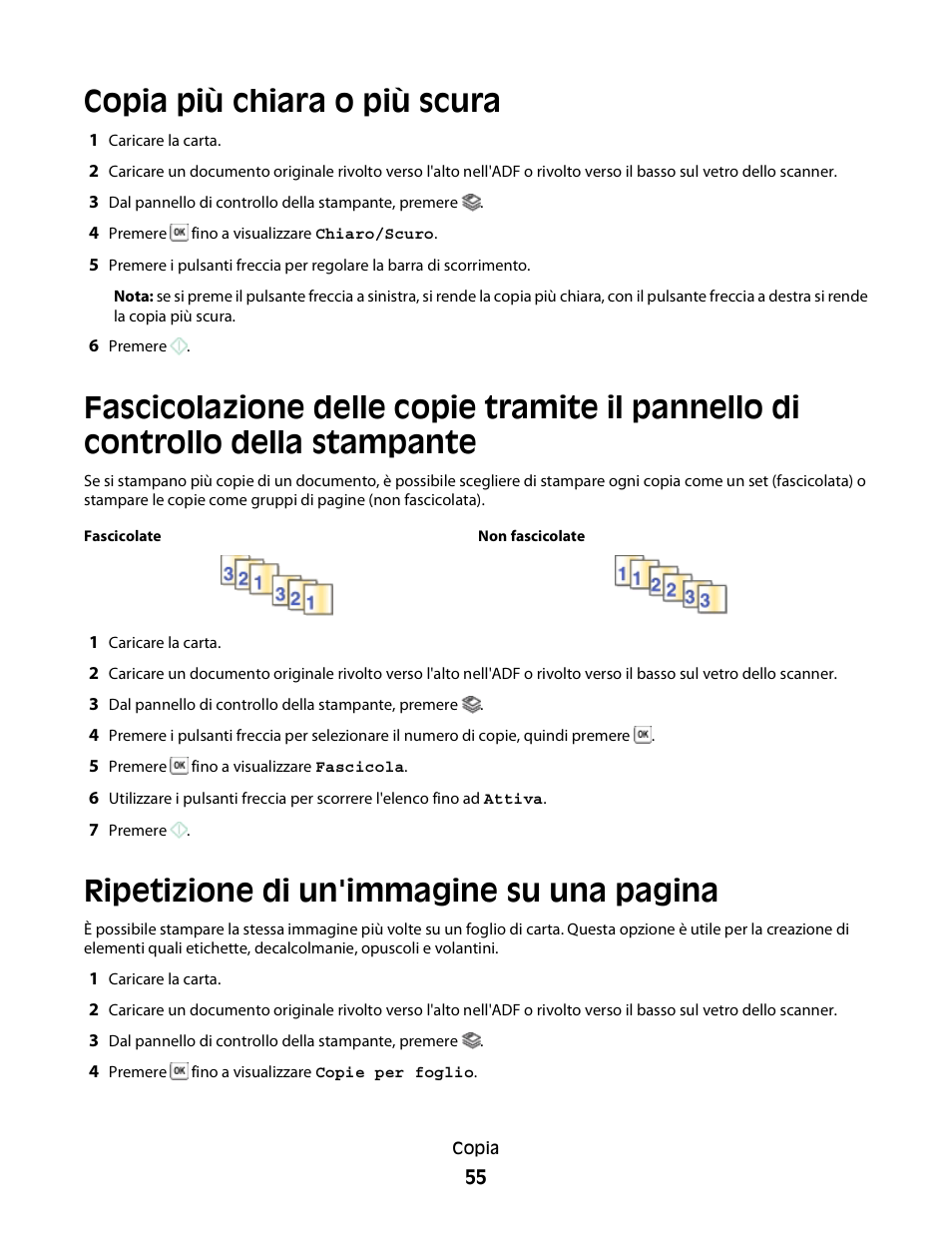 Copia più chiara o più scura, Ripetizione di un'immagine su una pagina | Dell V313w All In One Wireless Inkjet Printer User Manual | Page 55 / 140