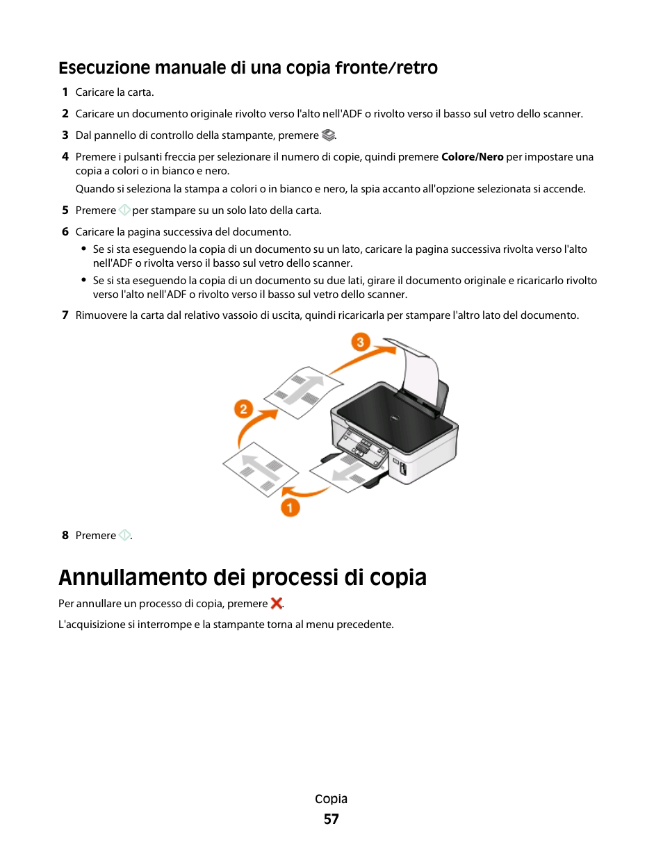Esecuzione manuale di una copia fronte/retro, Annullamento dei processi di copia | Dell V313w All In One Wireless Inkjet Printer User Manual | Page 57 / 140