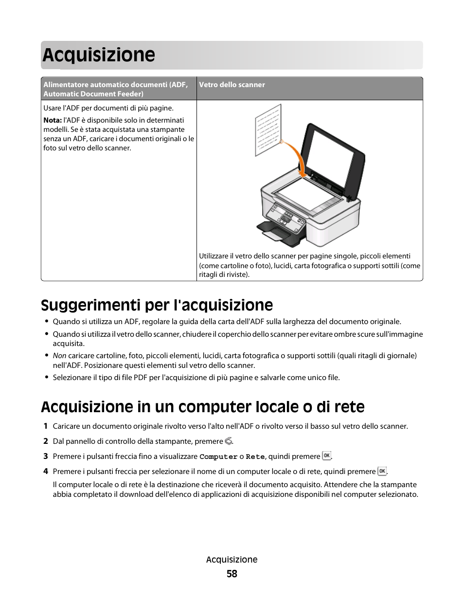 Acquisizione, Suggerimenti per l'acquisizione, Acquisizione in un computer locale o di rete | Dell V313w All In One Wireless Inkjet Printer User Manual | Page 58 / 140