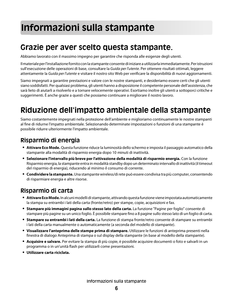 Informazioni sulla stampante, Grazie per aver scelto questa stampante, Riduzione dell'impatto ambientale della stampante | Risparmio di energia, Risparmio di carta | Dell V313w All In One Wireless Inkjet Printer User Manual | Page 6 / 140