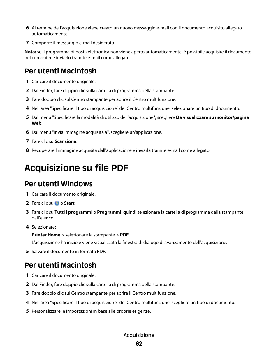 Acquisizione su file pdf, Per utenti macintosh, Per utenti windows | Dell V313w All In One Wireless Inkjet Printer User Manual | Page 62 / 140
