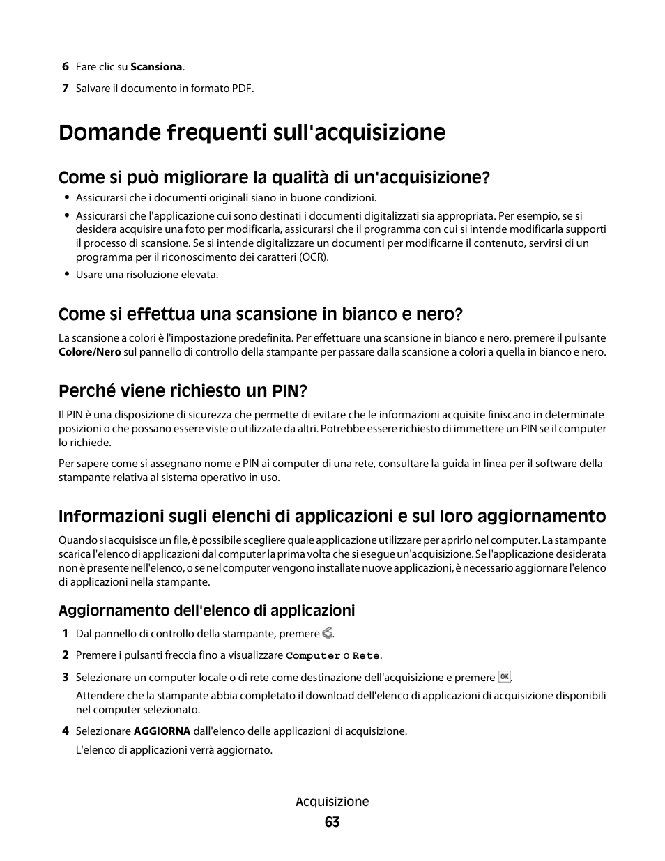 Domande frequenti sull'acquisizione, Come si effettua una scansione in bianco e nero, Perché viene richiesto un pin | Dell V313w All In One Wireless Inkjet Printer User Manual | Page 63 / 140