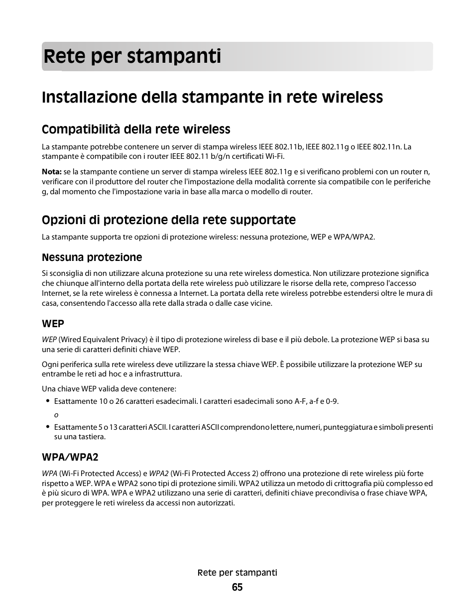 Rete per stampanti, Installazione della stampante in rete wireless, Compatibilità della rete wireless | Opzioni di protezione della rete supportate | Dell V313w All In One Wireless Inkjet Printer User Manual | Page 65 / 140