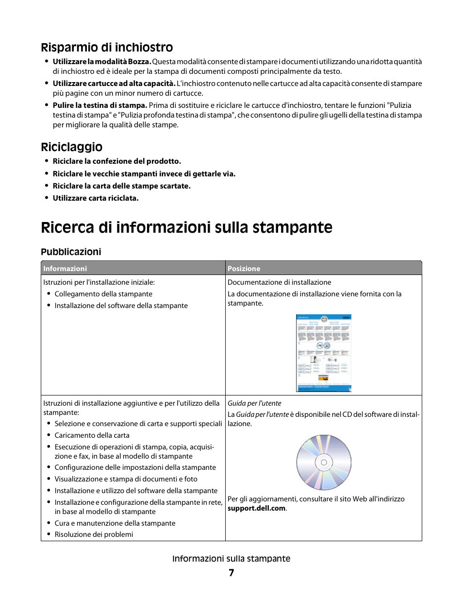 Ricerca di informazioni sulla stampante, Risparmio di inchiostro, Riciclaggio | Dell V313w All In One Wireless Inkjet Printer User Manual | Page 7 / 140