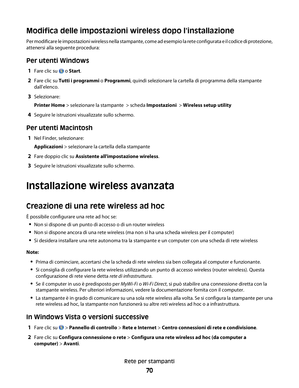Installazione wireless avanzata, Creazione di una rete wireless ad hoc | Dell V313w All In One Wireless Inkjet Printer User Manual | Page 70 / 140