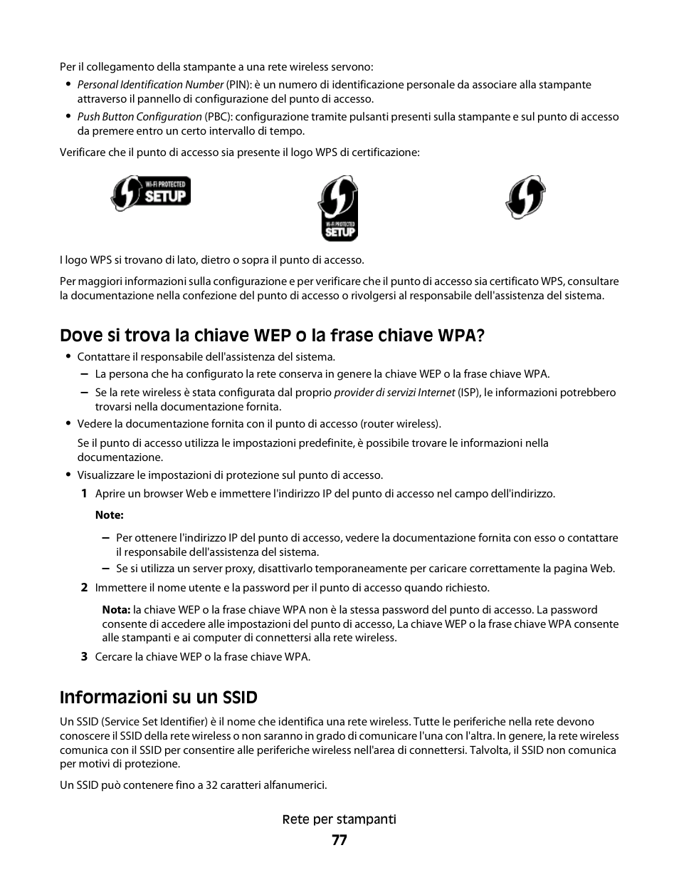 Dove si trova la chiave wep o la frase chiave wpa, Informazioni su un ssid | Dell V313w All In One Wireless Inkjet Printer User Manual | Page 77 / 140
