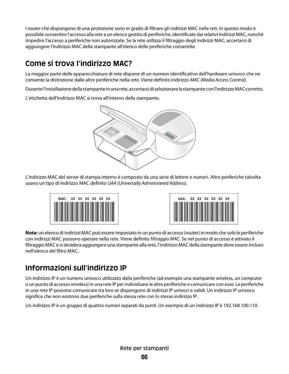 Come si trova l'indirizzo mac, Informazioni sull'indirizzo ip | Dell V313w All In One Wireless Inkjet Printer User Manual | Page 86 / 140