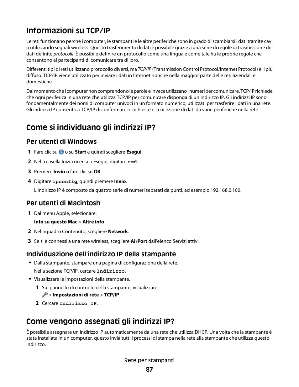 Informazioni su tcp/ip, Come si individuano gli indirizzi ip, Come vengono assegnati gli indirizzi ip | Dell V313w All In One Wireless Inkjet Printer User Manual | Page 87 / 140