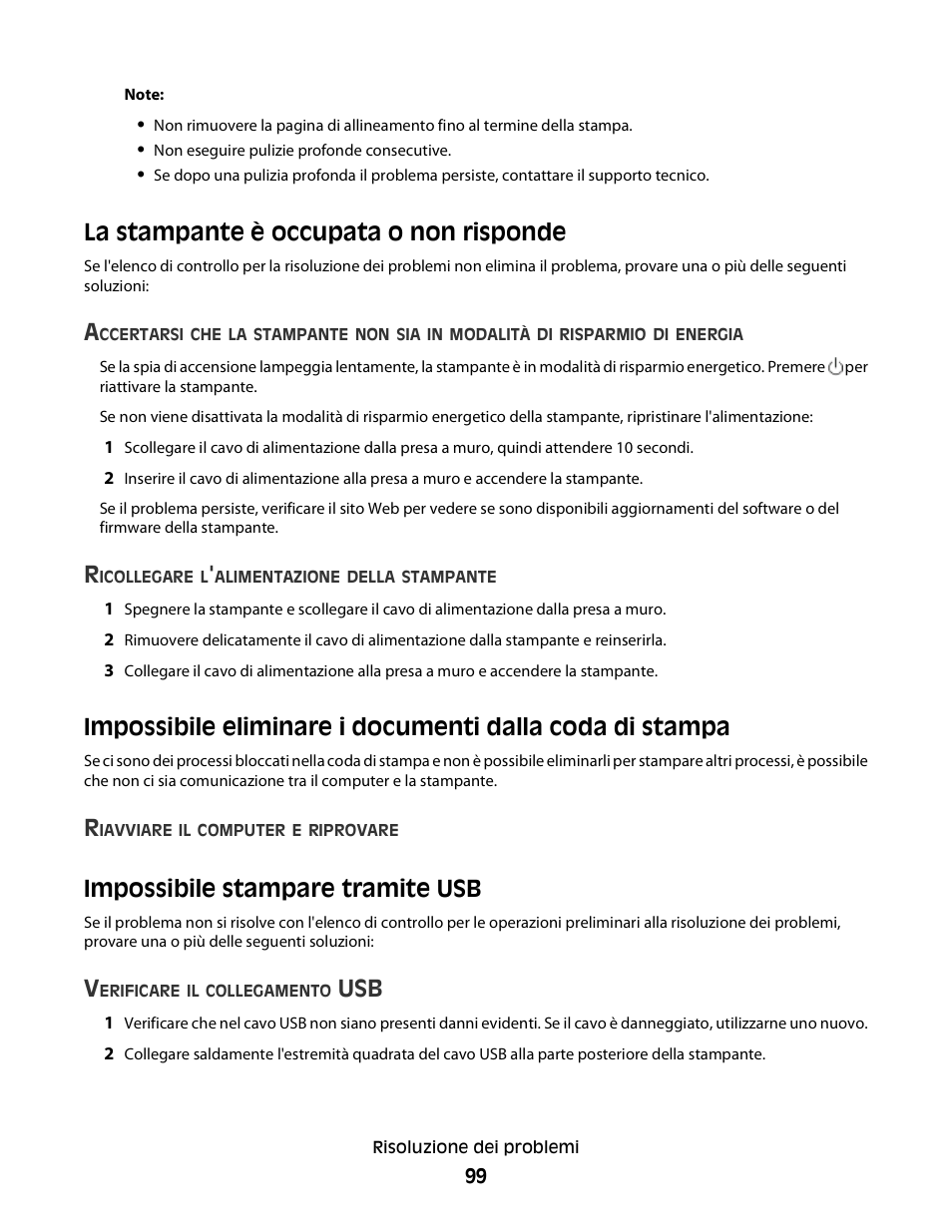 La stampante è occupata o non risponde, Impossibile stampare tramite usb | Dell V313w All In One Wireless Inkjet Printer User Manual | Page 99 / 140