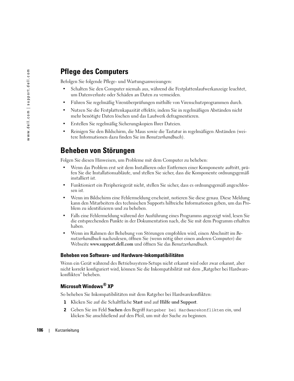 Pflege des computers, Beheben von störungen, Microsoft windows® xp | Microsoft windows | Dell Precision 470 User Manual | Page 106 / 210
