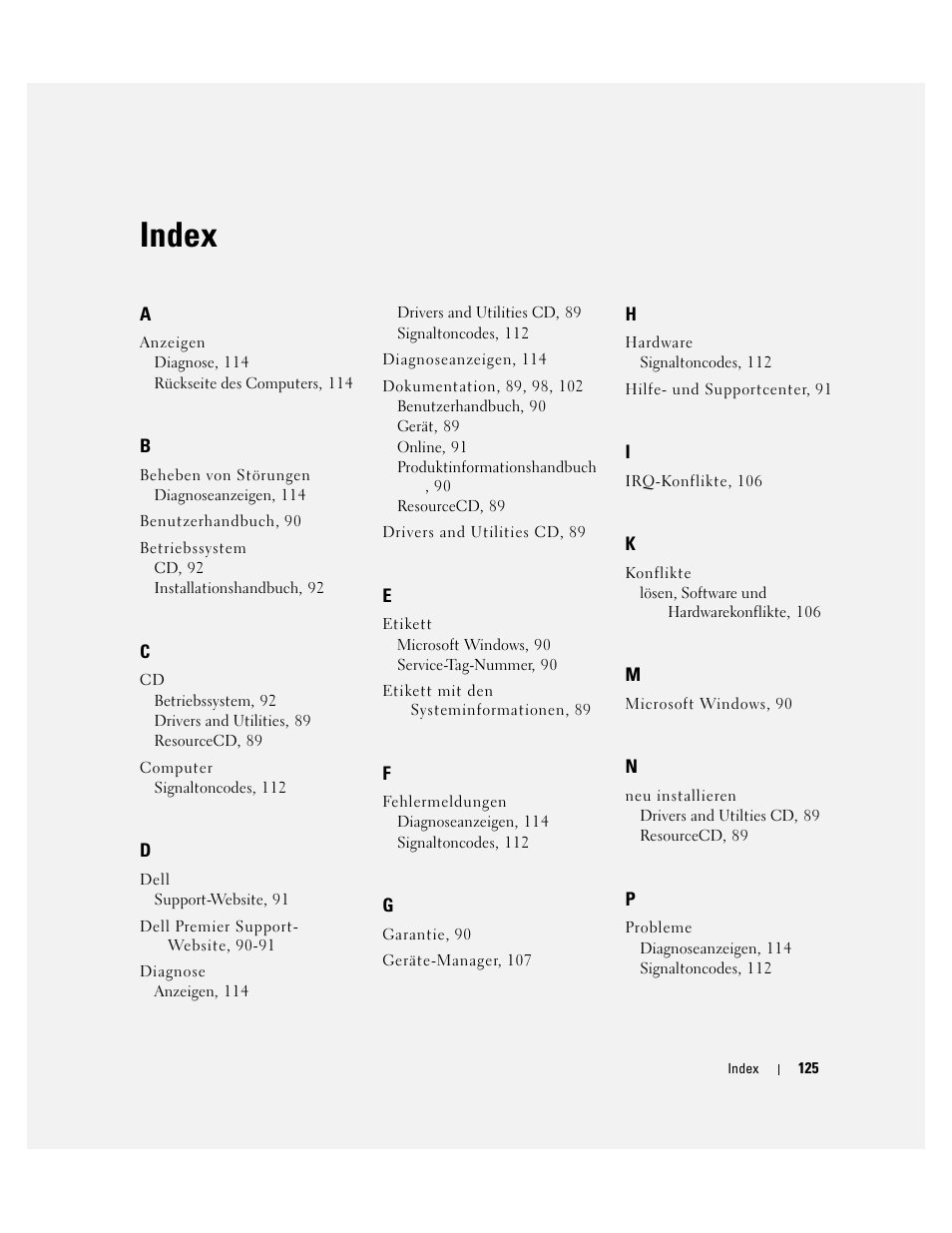 Index | Dell Precision 470 User Manual | Page 125 / 210