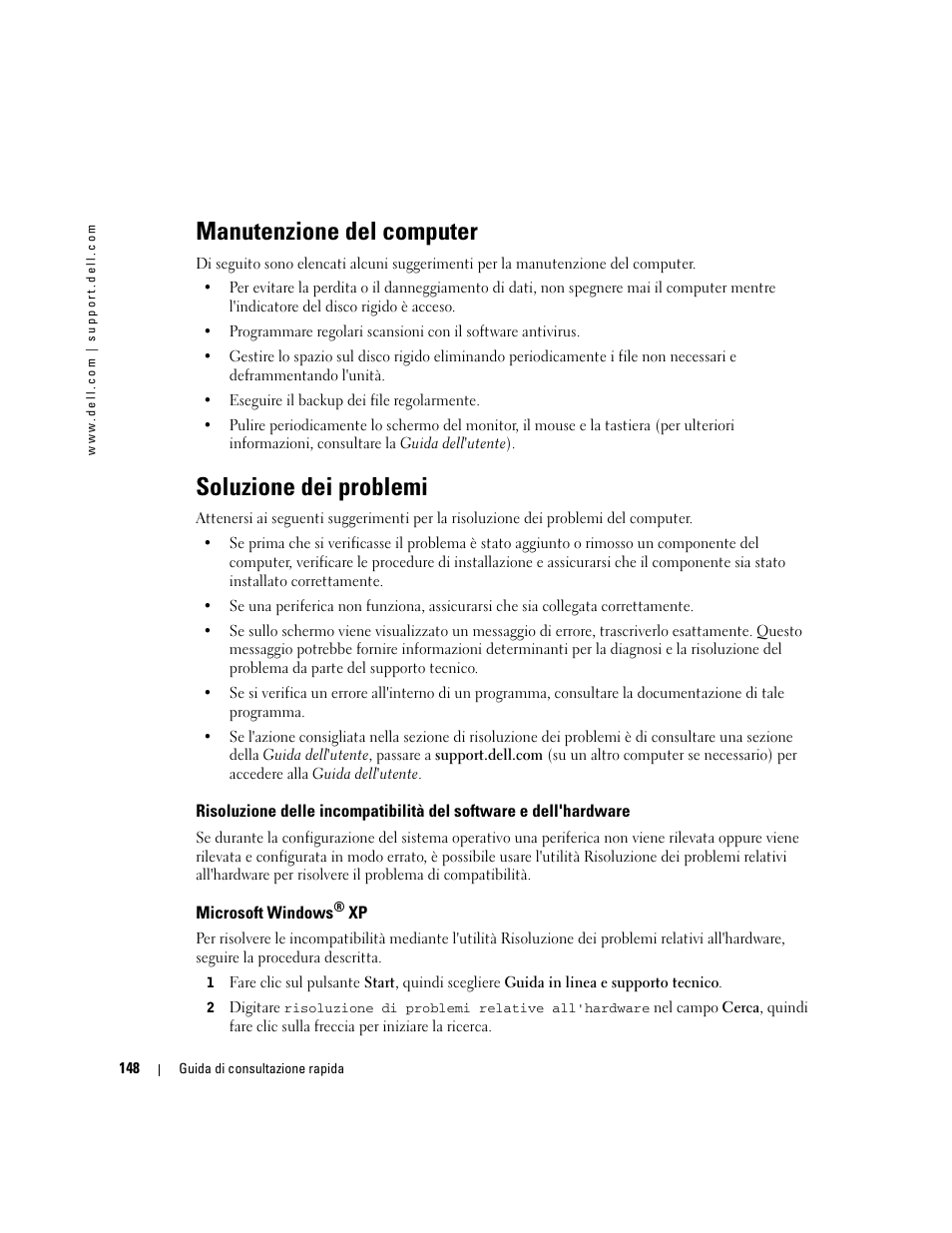 Manutenzione del computer, Soluzione dei problemi, Microsoft windows® xp | Microsoft windows | Dell Precision 470 User Manual | Page 148 / 210