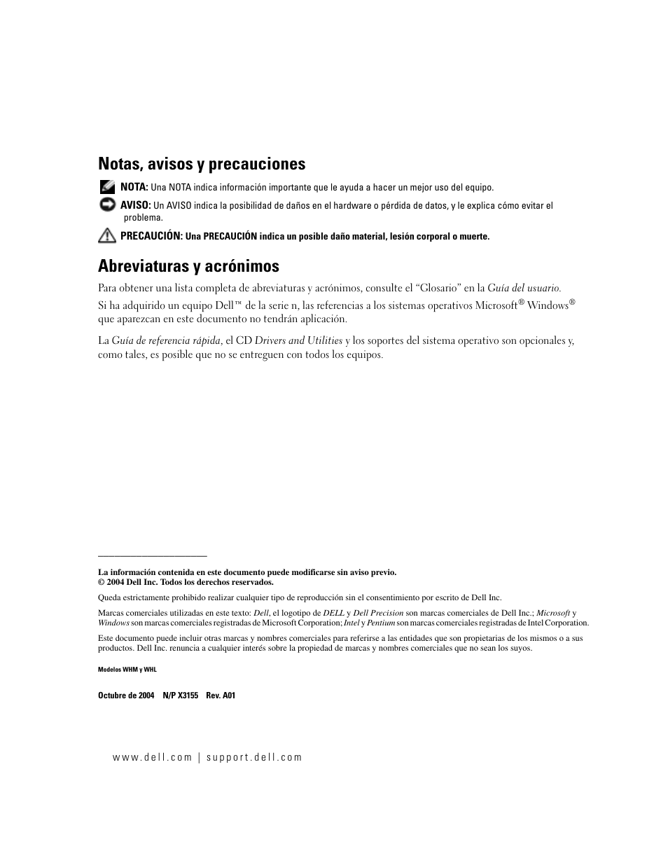 Notas, avisos y precauciones, Abreviaturas y acrónimos | Dell Precision 470 User Manual | Page 170 / 210