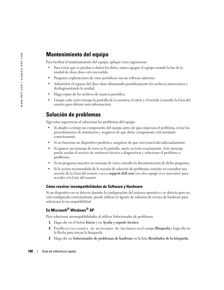 Mantenimiento del equipo, Solución de problemas, En microsoft® windows® xp | En microsoft® windows | Dell Precision 470 User Manual | Page 190 / 210