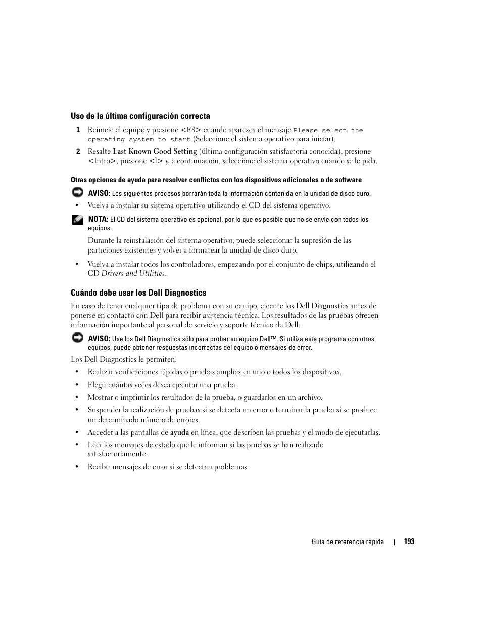 Uso de la última configuración correcta, Cuándo debe usar los dell diagnostics | Dell Precision 470 User Manual | Page 193 / 210