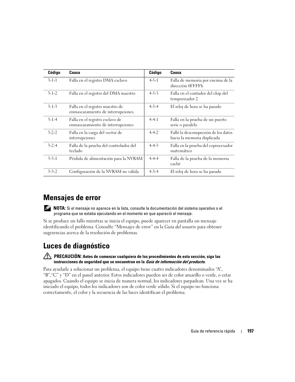 Mensajes de error, Luces de diagnóstico | Dell Precision 470 User Manual | Page 197 / 210