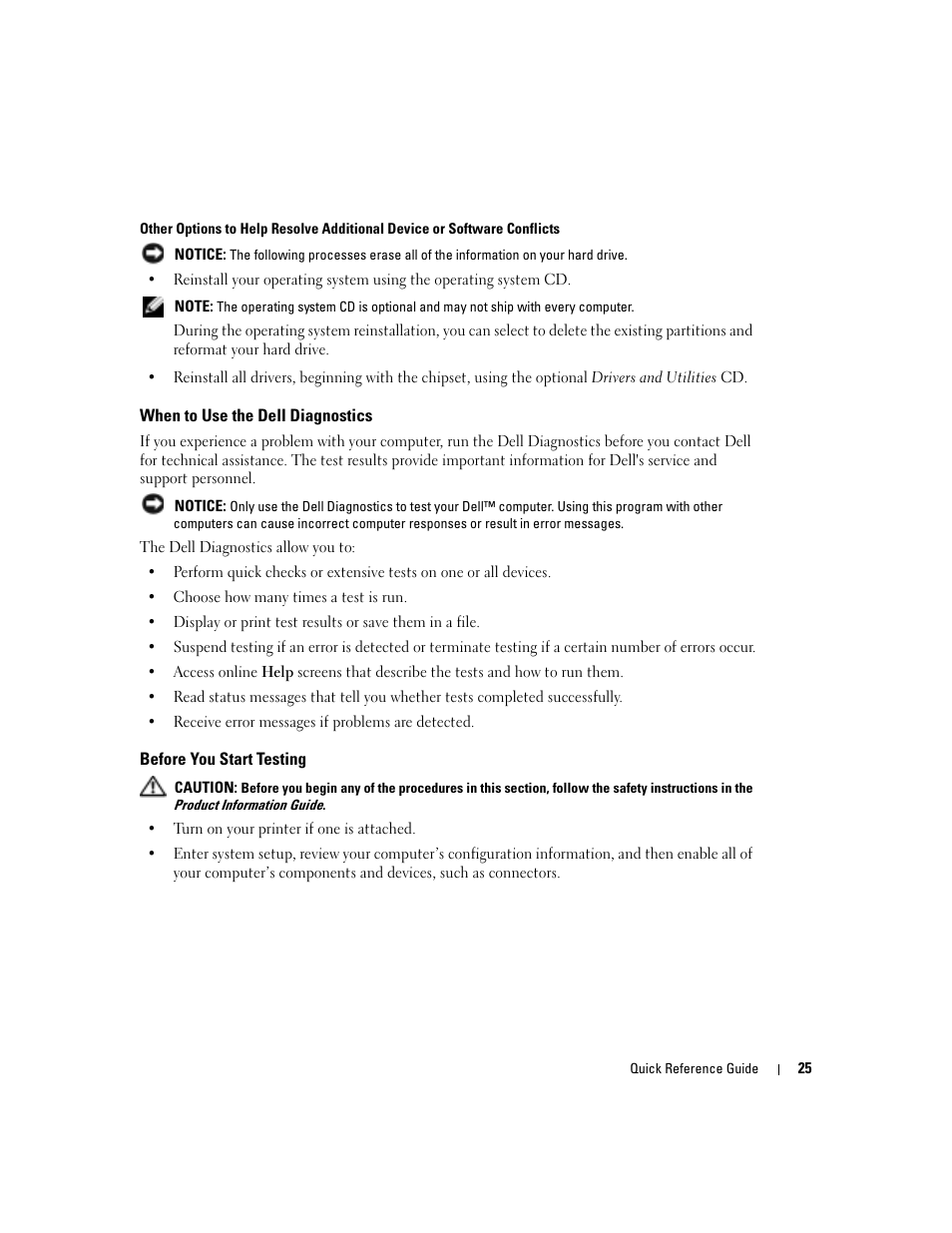 When to use the dell diagnostics, Before you start testing | Dell Precision 470 User Manual | Page 25 / 210